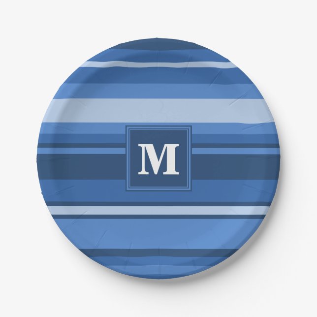 Monogram blue stripes paper plate (Front)