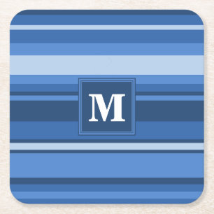 Monogram blue stripes square paper coaster