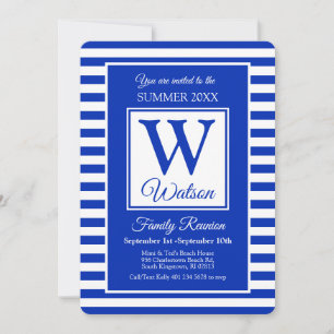 Monogram Blue Stripes Summer Family Reunion Invitation
