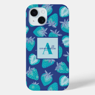 Monogram Blue Summer Strawberry Pattern iPhone 15 Case