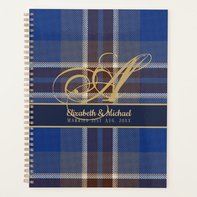 monogram Blue Tartan Plaid Newlyweds Wedding (Devant)