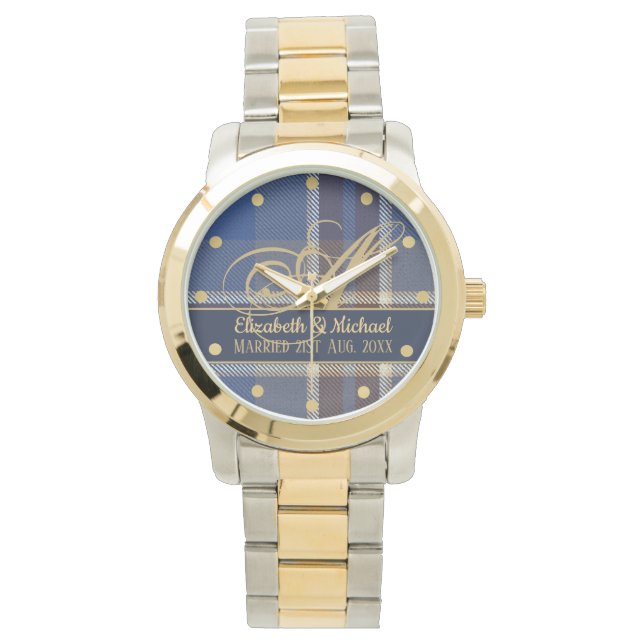 Monogram Blue Tartan Plaid Newlyweds Wedding Watch (Front)