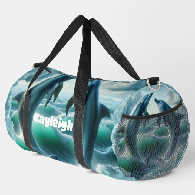 Monogram Blue Teal Dolphins Ocean | Duffle Bag (Right Corner)