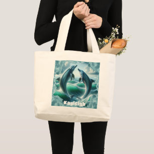 Monogram Blue Teal Dolphins Ocean   Large Tote Bag