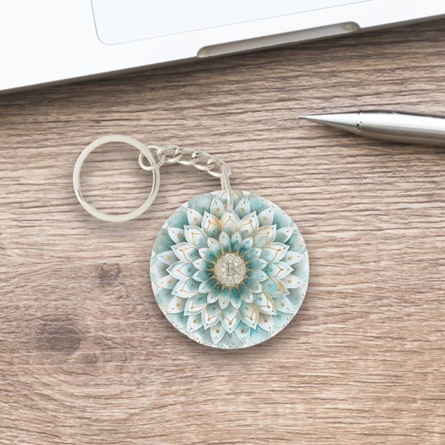 Monogram Blue Teal Gold Floral Mandala Keychain (Creator Uploaded)