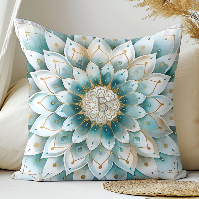 Monogram Blue Teal Gold Floral Mandala Throw Pillow (Creator Uploaded)