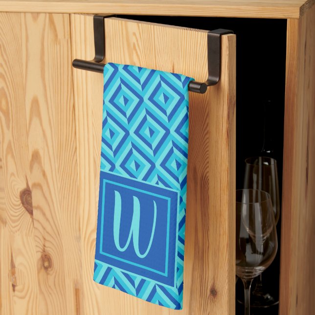 Monogram Blue Three-Tone Diamond Pattern Kitchen Towel (Thirds Fold)