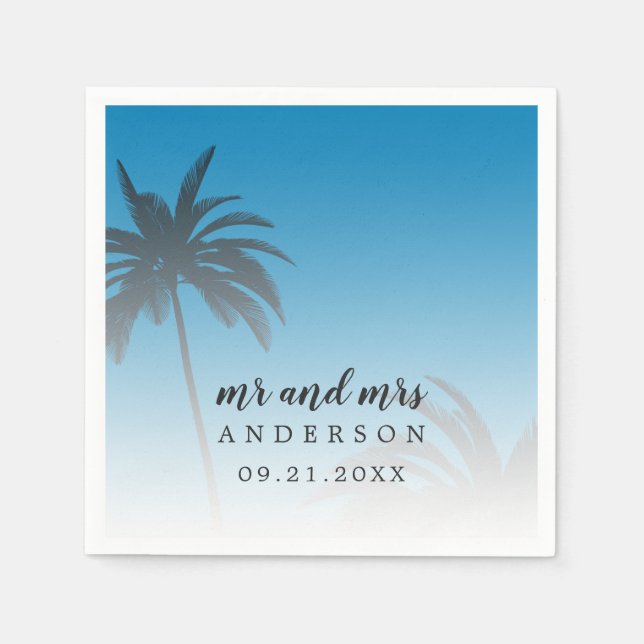 Monogram Blue Tropical Palm Tree Beach Wedding Napkin (Front)