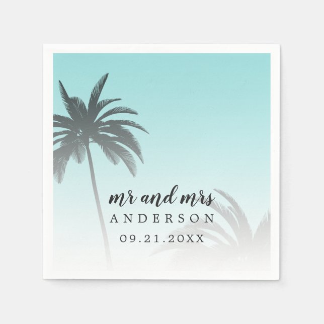 Monogram Blue Tropical Palm Tree Beach Wedding Napkin (Front)