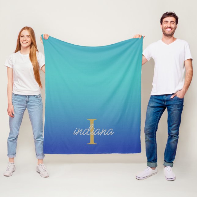 Monogram Blue Turquoise Modern Script Name Fleece Blanket (In Situ)