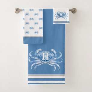 Monogram Blue Watercolor Crab Nautical Coastal Bath Towel Set