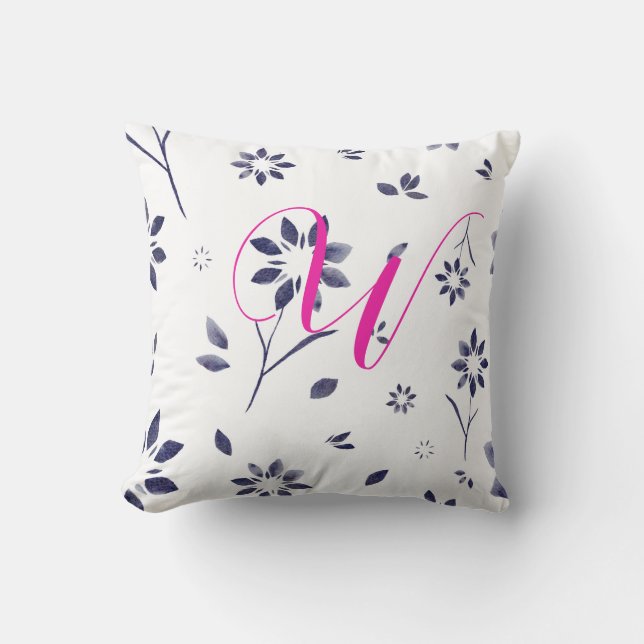 Monogram Blue Watercolor Flower Pattern Throw Pillow (Front)
