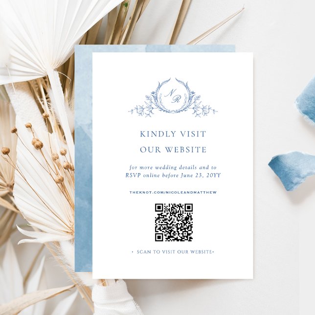 Monogram Blue Watercolor QR Code /RSVP Online Enclosure Card (Creator Uploaded)