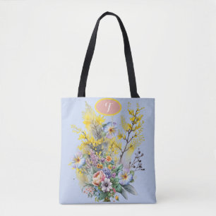 Monogram Blue Watercolor Spring Flowers Bouquet Tote Bag
