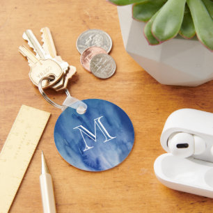 Monogram Blue Watercolor Texture Abstract Painting Keychain