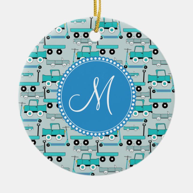 Monogram Blue Wheels Scooters Cars Wagons Trucks Ceramic Ornament (Front)