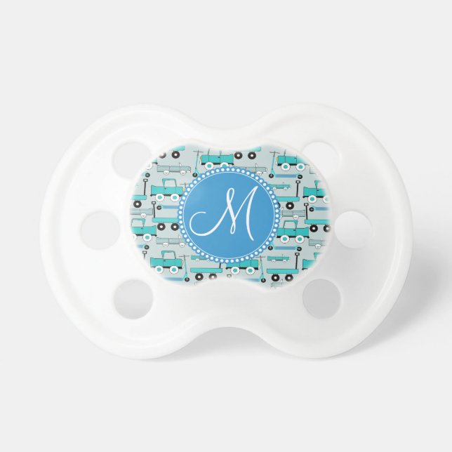 Monogram Blue Wheels Scooters Cars Wagons Trucks Pacifier (Front)