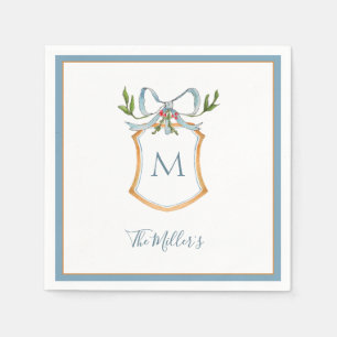 Monogram Blue & white crest Holiday Napkin