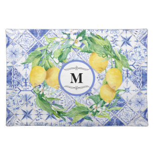 Monogram blue white Farmhouse Lemon Foliage Floral Placemat