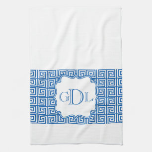 Monogram Blue & White Greek Key Kitchen Towel