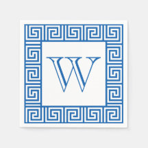Monogram Blue & White Greek key style paper napkin