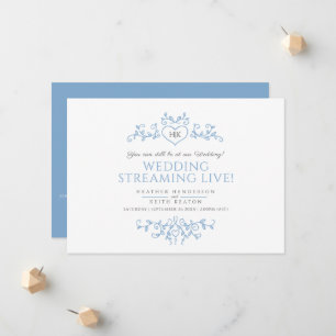 Monogram blue white leaves wedding live stream announcement