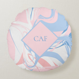 Monogram Blue White Pink Marble Swirl Round Pillow