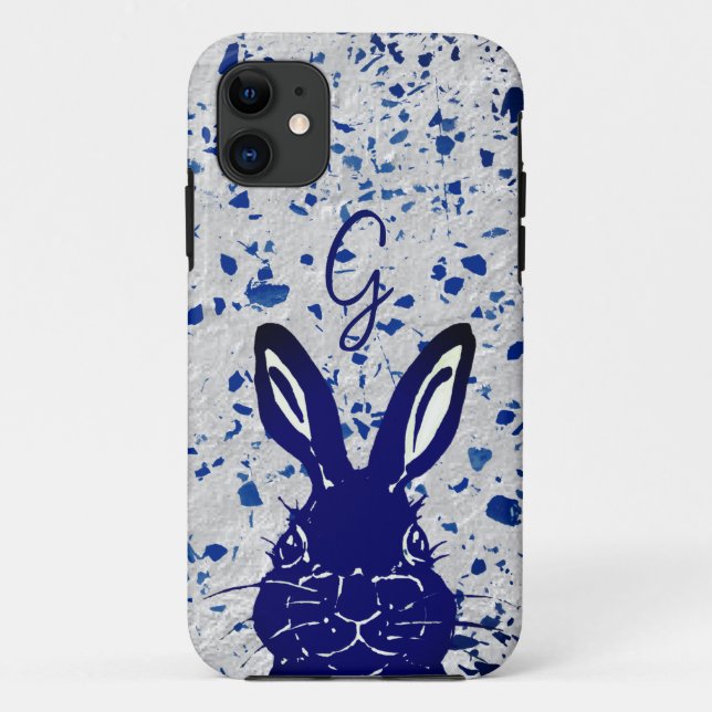 Monogram Blue White Rabbit Terrazzo Cute Bunny Case-Mate iPhone Case (Back)