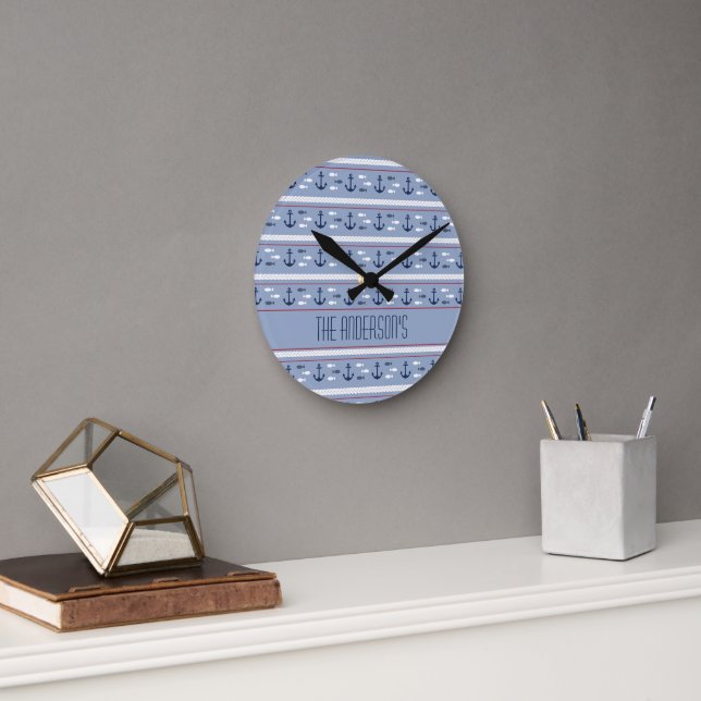 Monogram Blue White Red Nautical Boating Sailing  Round Clock (Office)