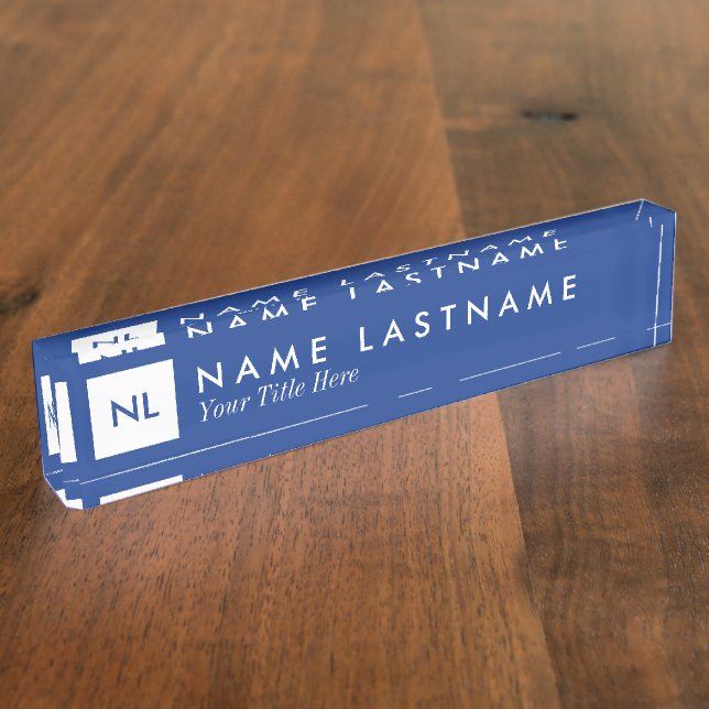 Monogram Blue White Square Desk Nameplate (Side)