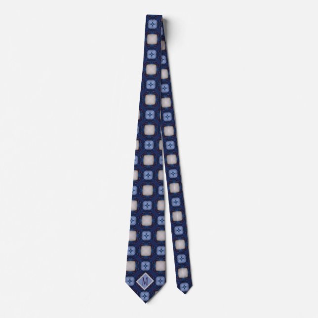 Monogram Blue & White Unique Pattern Design Men's Tie (Front)