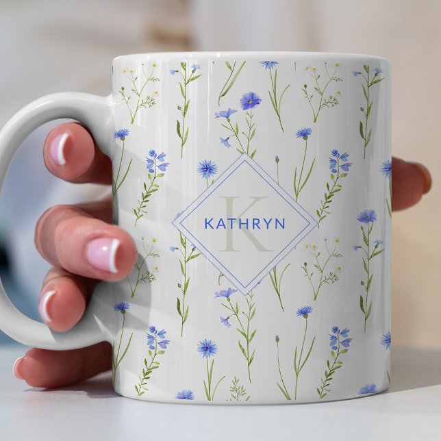 Monogram Blue Wild Flower Pattern Personal Coffee Mug (Creator Uploaded)