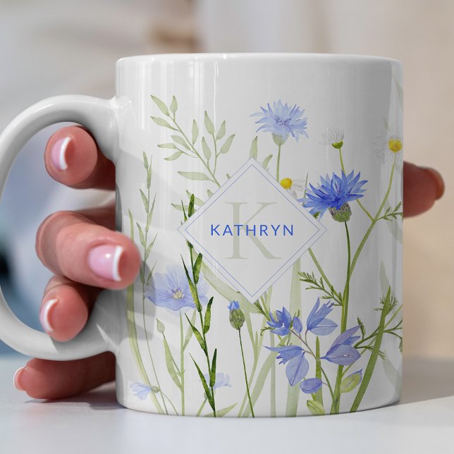 Monogram Blue Wild Flower Personalised Coffee Mug (Creator Uploaded)