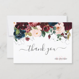 Monogram Blush Burgundy Navy Watercolor Flowers Thank You Card
