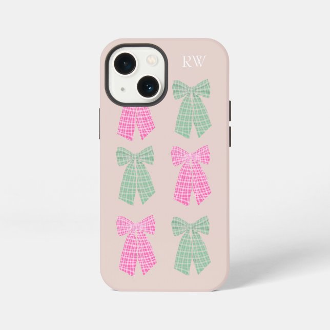 Monogram Blush Gingham Coquette Bow Pattern iPhone Case (Back)