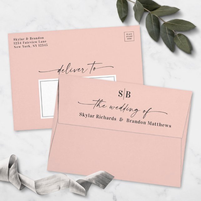 Monogram Blush Pink A7 5x7 Wedding Invitation Envelope (Creator Uploaded)