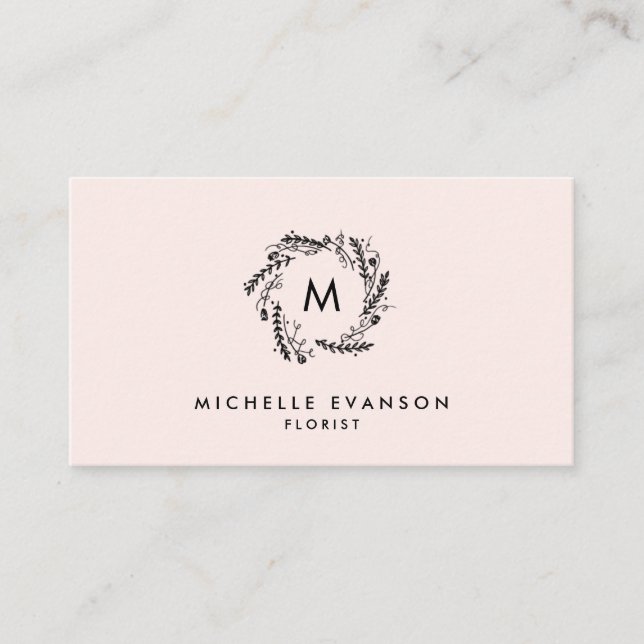 Monogram Blush Pink and Black Floral Wreath Business Card (Front)