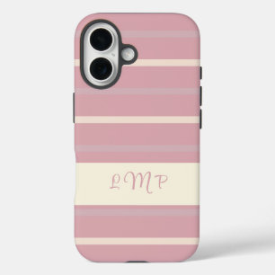 Monogram Blush Pink and Cream Stripe Pattern iPhone 16 Case