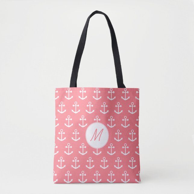 Monogram Blush Pink and White Nautical Anchor Tote Bag (Front)