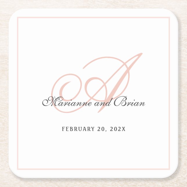 Monogram Blush Pink and White Square Paper Coaster (Front)