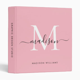 Monogram Blush Pink Black Script Office School Binder