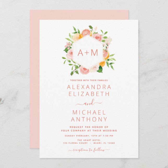 Monogram Blush Pink Citrus Floral Wedding Invitati Invitation (Front/Back)