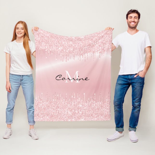 Monogram Blush Pink Dripping Glitter Metallic Name Fleece Blanket (In Situ)