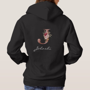 Monogram Blush Pink Floral Letter J Black Hoodie