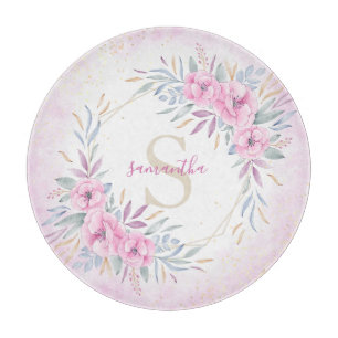 Monogram Blush Pink Floral Watercolor Elegant Cutting Board