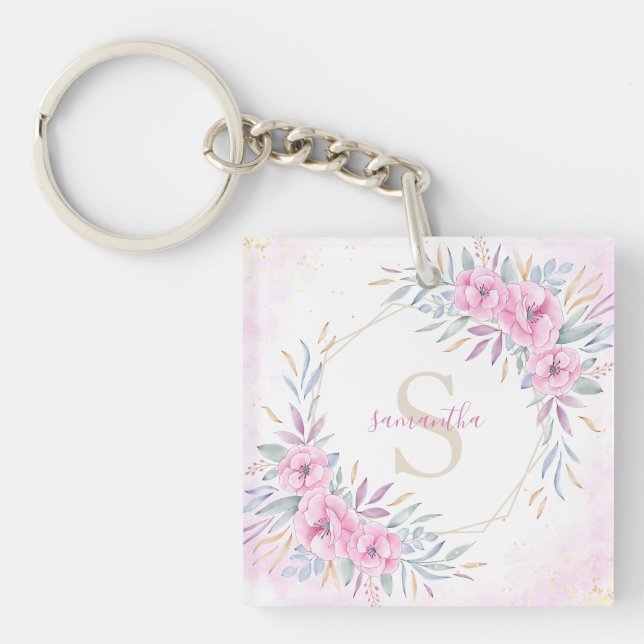 Monogram Blush Pink Floral Watercolor Elegant Keychain (Front)