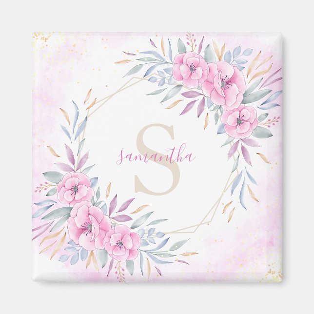 Monogram Blush Pink Flowers Watercolor Elegant Magnet (Front)
