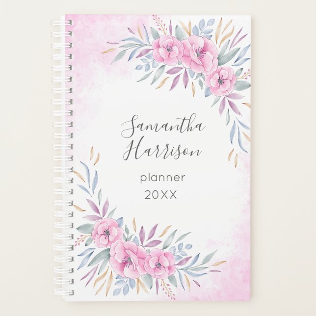Monogram Blush Pink Flowers Watercolor Elegant Planner (Front)