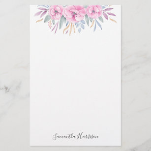 Monogram Blush Pink Flowers Watercolor Elegant Stationery