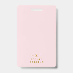 Monogram Blush Pink Gold Minimalist Elegant Name Badge